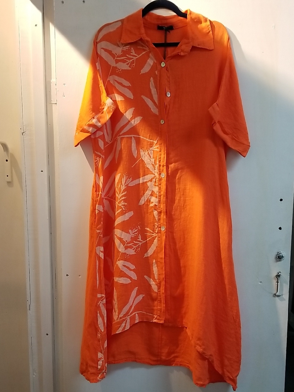 Bright Orange Asymmetrical Button-Front Dress with White Leaf Detail